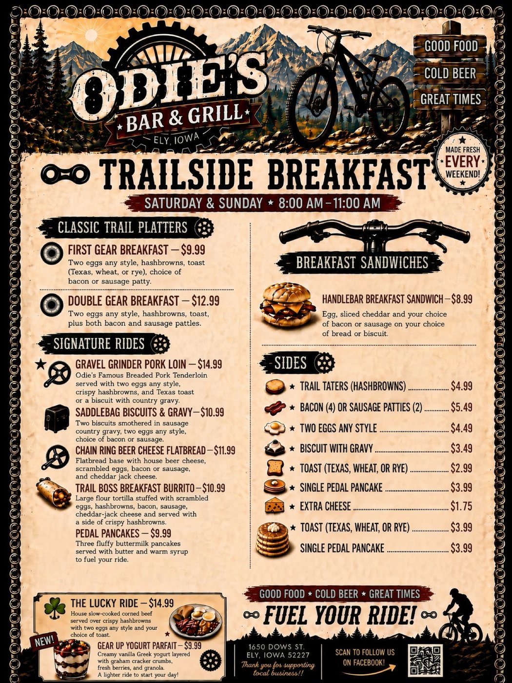Trailside breakfast menu, Saturday and Sunday 8 to 11
